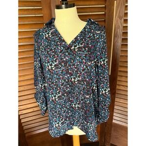 BCX Women's Teal Abstract Print Button Up 3/4 sleeve blouse Size Large